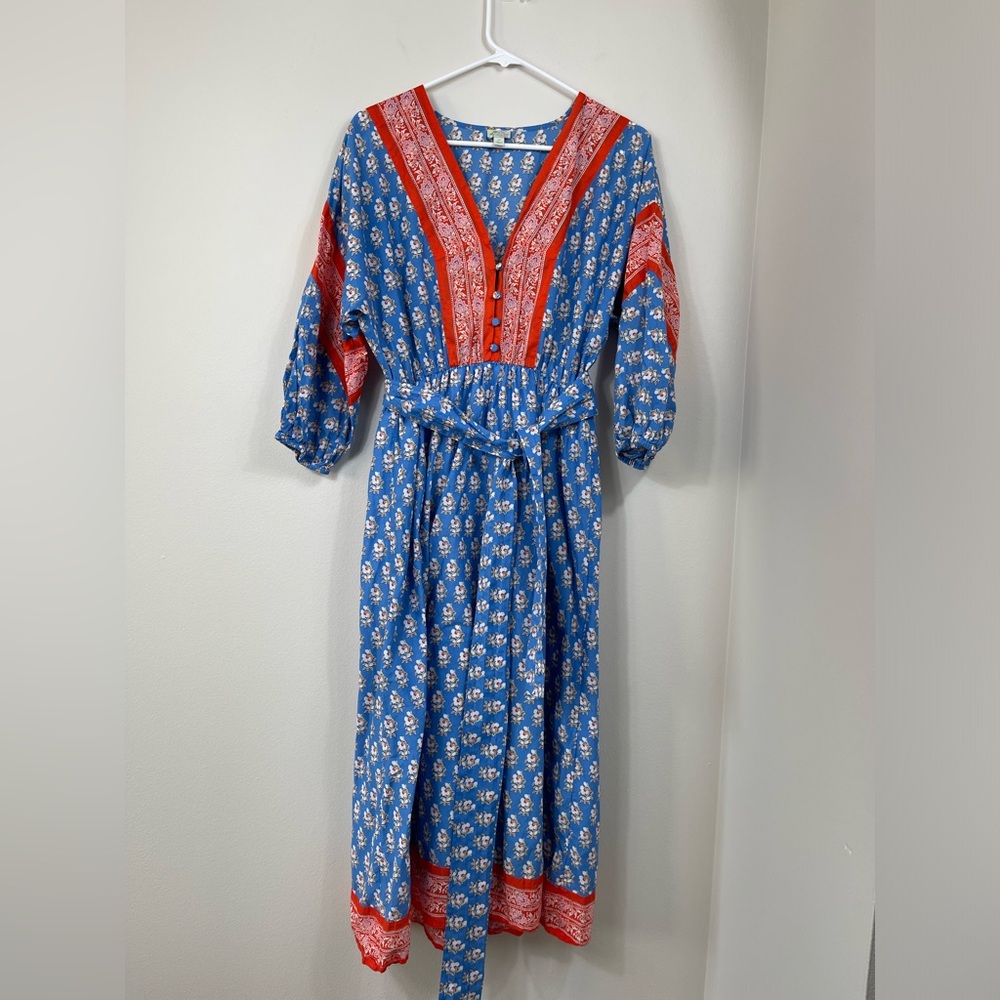 J. Crew V-Neck Cover-Up in Classic Block Blue and Red Floral Maxi Dress Vintage - Picture 2 of 16